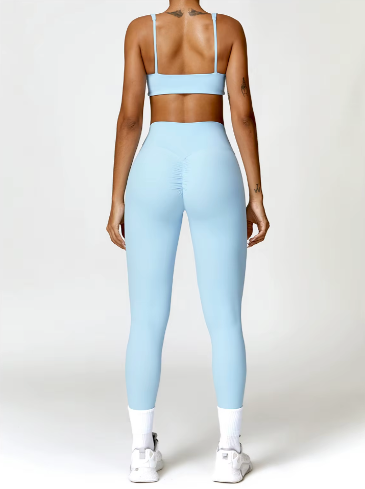 Vue arrière de l’ensemble Bella bleu ciel – couture froncée et brassière confortable