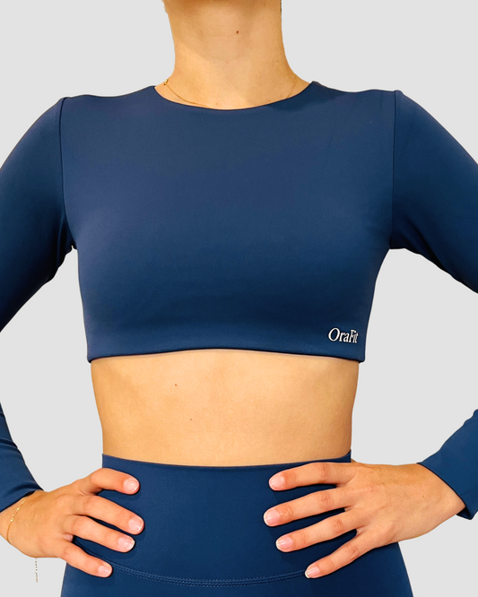 Pauline – brassière manches longues OraFit, coloris bleu marine vue de face