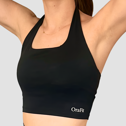 Brassière mi-longue noir dos nu et fronces vue de face