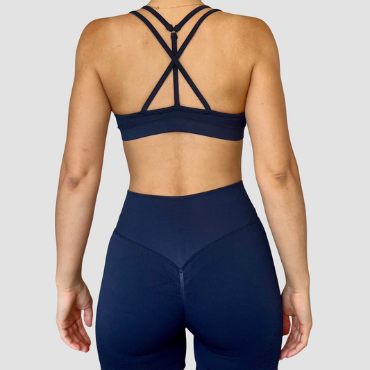 brassière de dos bleu marine et bretelles croisées push up